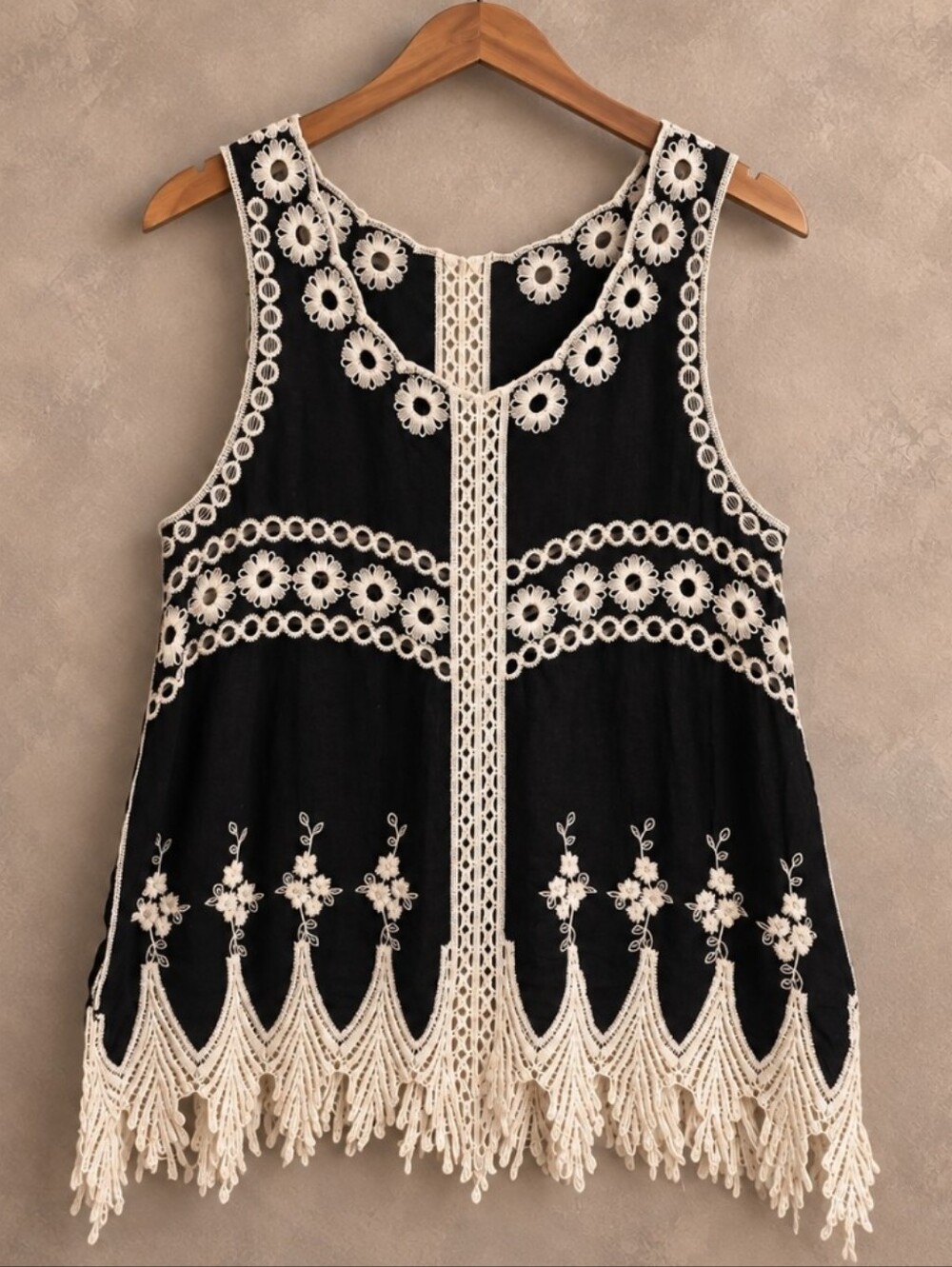 Boho Oversized Black Tank with Cream Crochet Detail